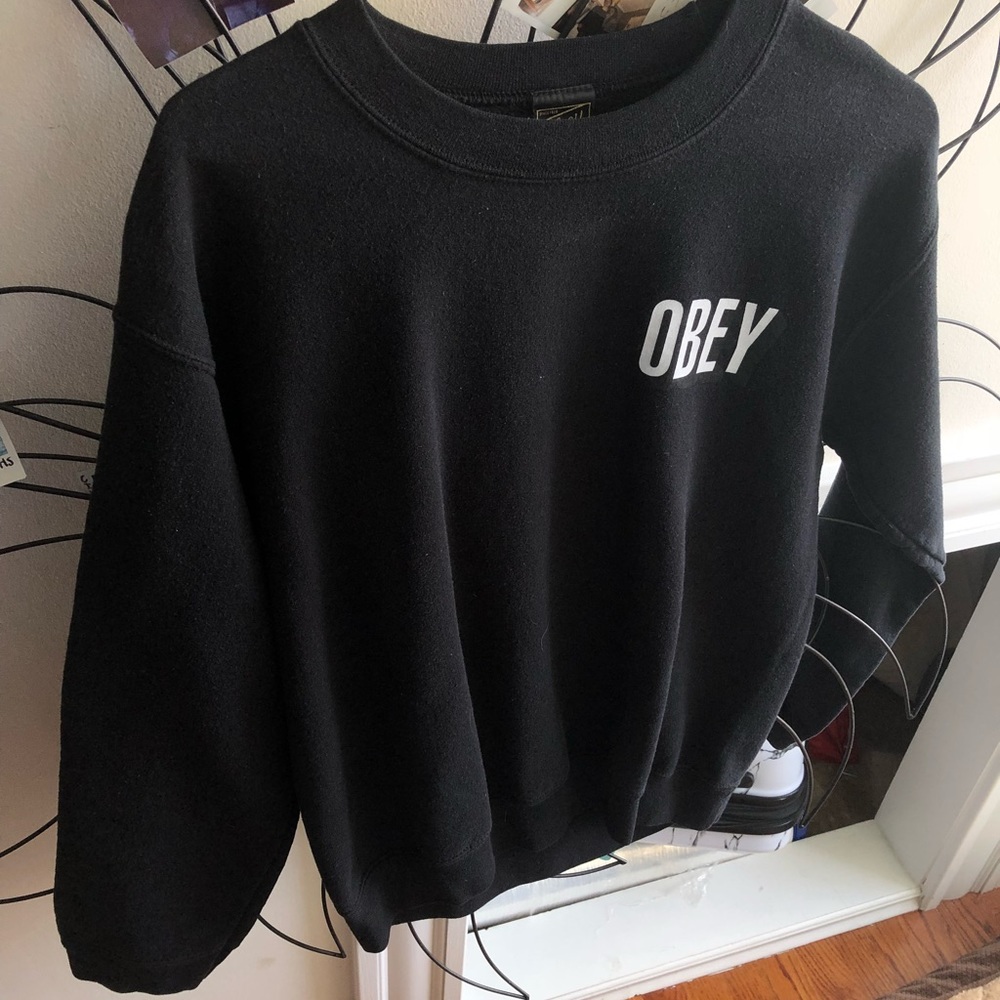 Obey black crew neck sweatshirt with print on back